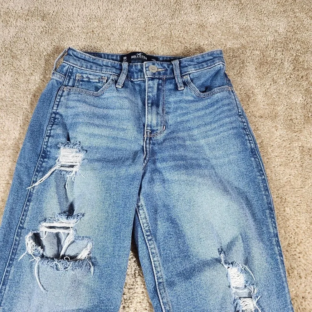 Hollister Jeans Womens W24 L27 Blue Denim High Rise Mom Jean Distressed #73